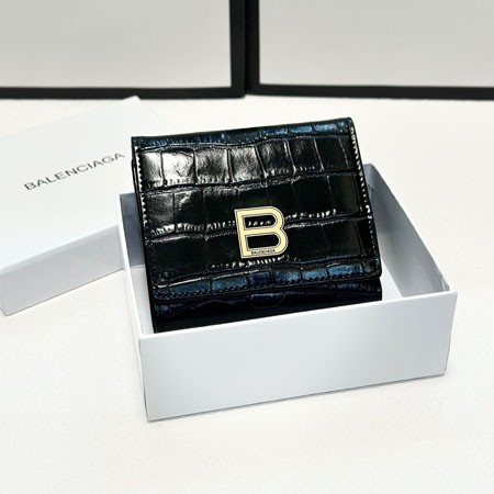 BALENCIAGA バレンシアガ 財布 レディース 三つ折り ミニ 財布 Bロゴ コンパクト ウォレット クロコ レザー  黒 ブラック