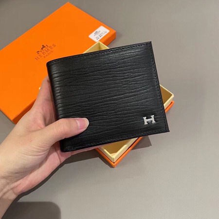 HERMES エルメス 財布 メンズ ２つ折り財布 水波紋 Hロゴ 柔らかい カーフレザー 革 ブラック