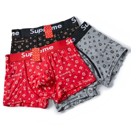 LV x Supreme ボクサーパンツ 男の子 パンツ モノグラムプリント 定番 人気 綿100% 柔らかい 肌触り良い(グレー/ブラック/レッド)