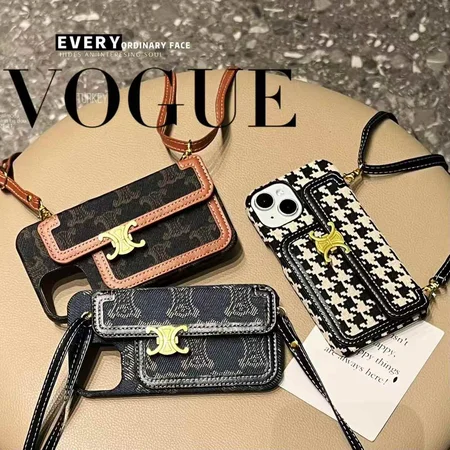 CELINE iphone18pro/18promaxケース ティーン トリオンフ スマホショルダー ストラップ付き 背面 カード収納