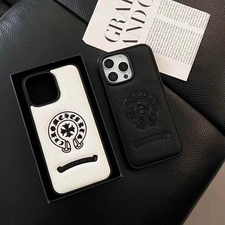 Chrome Hearts スマホケース iPhone18pro/18promaxケース ライチ柄 レザー ロゴ型押し 白黒 高街 ファッション