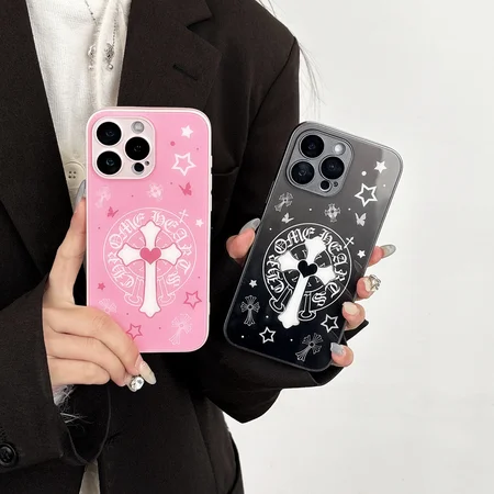 クロームハーツ アイフォーン 18pro/18promaxカバー 背面 ガラス 強化ガラス 耐衝撃 滑り止め 十字架やハート スターマーク ピンク ブラック 