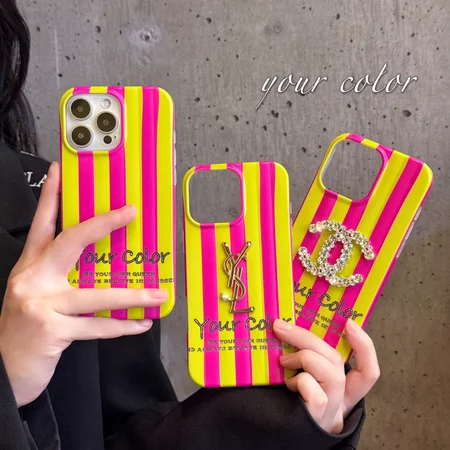 YSL CHANEL  iphone18pro/18promaxケース PUレザー 縦縞 バイカラー イエロー ピンク