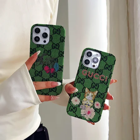 布 生地 スマホケース グッチ iphone18/18promaxケース 刺繍 サクランボ&猫柄 グリーン GG キャンバス かわいい  