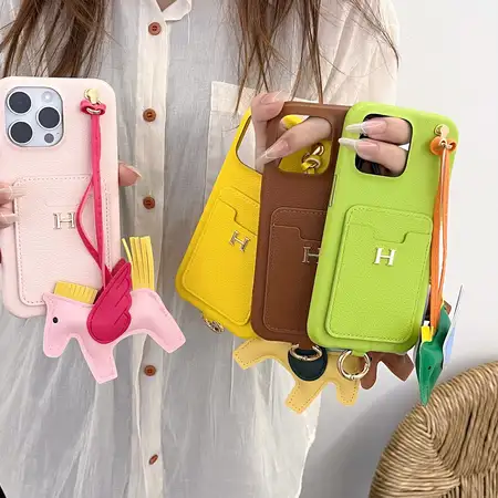 HERMES 携帯ケース ポケット付き iPhone18/18promaxケース 背面 カード収納 レザー ロデオPM ストラップ付き 女子 かわいい