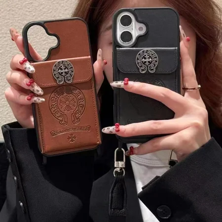 スマホショルダー Chrome Hearts iphone18pro/18promax携帯ケース ショルダー ストラップ付き 背面 メタルCHクロス カード収納 携帯ストラップ 2穴付き 
