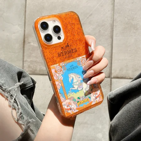エルメス スマホケース iphone18/18promaxケース 半透明 IMD素材  キラキラ  グリッターリキッドケース オレンジ 女子可愛い 