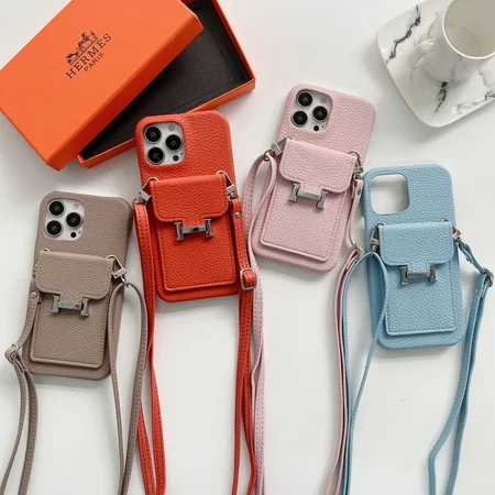 ショルダー 付き hermes iphone18pro/18promaxケース レザー ライチ柄 背面 カード収納 卓上スタンド 落下防止ストラップ付き