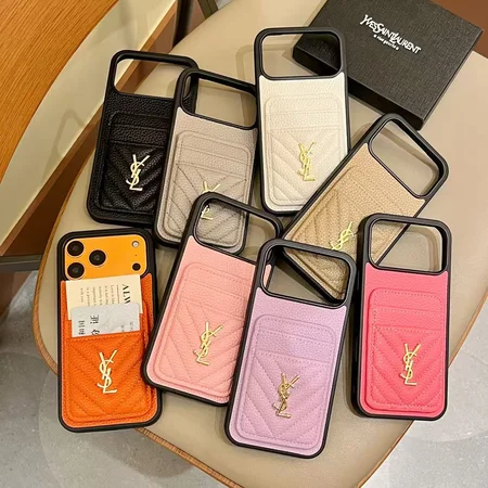 サンローラン iphone18pro/18promaxケース ライチ柄 レザー 双層 カード収納 おしゃれ メタルロゴ 多機種対応