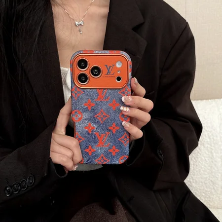 大きいカメラ窓 ルイビトン iphone18/18promaxケース レザー調 デニム柄 メッキ加工 オレンジ お洒落