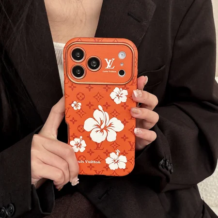 ハイビスカス 花柄 ルイヴィトン iphone18pro/18promaxケース モノグラム PUレザー オレンジ メッキ加工 カメラ窓保護 耐衝撃 