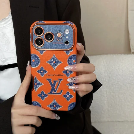 LV iPhone18/18promax ケース レザー調 モノグラム フラワー デニム柄 軽量 薄型 耐衝撃 オレンジ 大人 おしゃれ