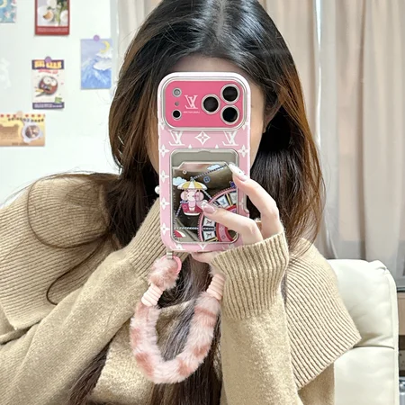 ルイビトンiphone18pro/18promaxケース 背面 収納 鏡面仕上げ スマホ 手首 ストラップ 落下防止 ピンク レディース可愛い