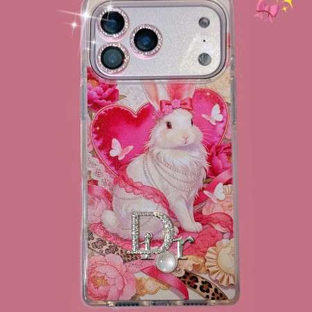 DIOR iphone18pro/18promaxスマホケース かわいいウサギ 四角 おしゃれ レディース ピンク