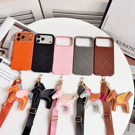 Magsafeケース HERMES iphone18pro/18promaxケース エンボスレザー チェック柄 ショルダー ストラップ付き ロデオPM ペガサス かわいい