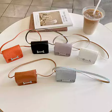 全機種対応 HERMES イヤホンケース イヤホンポーチ ミニポーチ ストラップ付き PUレザー 