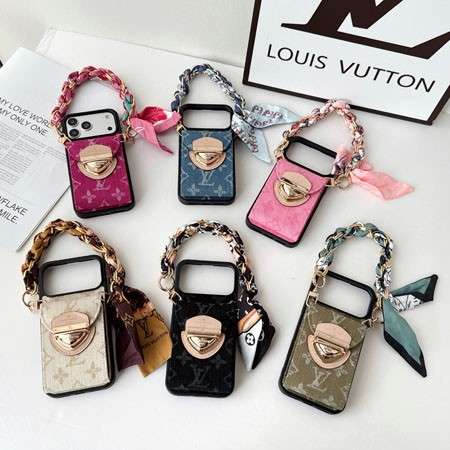 Louis Vuitton iPhone18pro/18promax 携帯ケース 紛失防止 腕掛け スカーフ チェーン 付き モノグラム デニム柄 背面 折りたたみ カードケース タンド機能