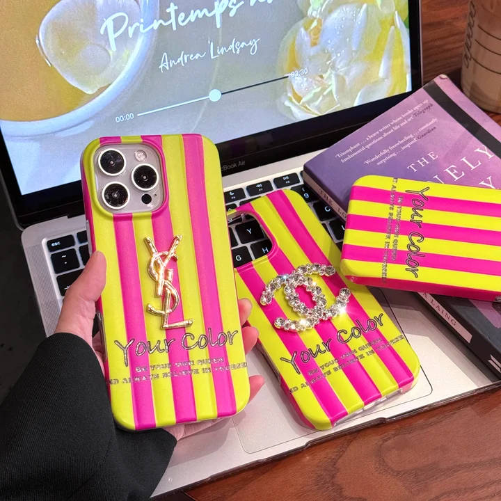YSL iphone18proケース 縦縞 イエロー ピンク